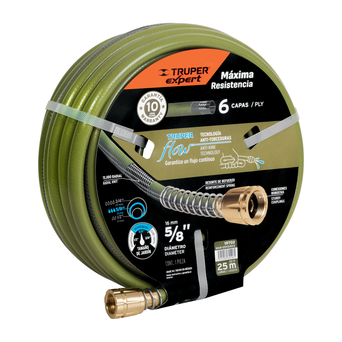 Manguera 5/8' anti-torceduras 6 capas 25m conexiones d/metal 5/8', 25m