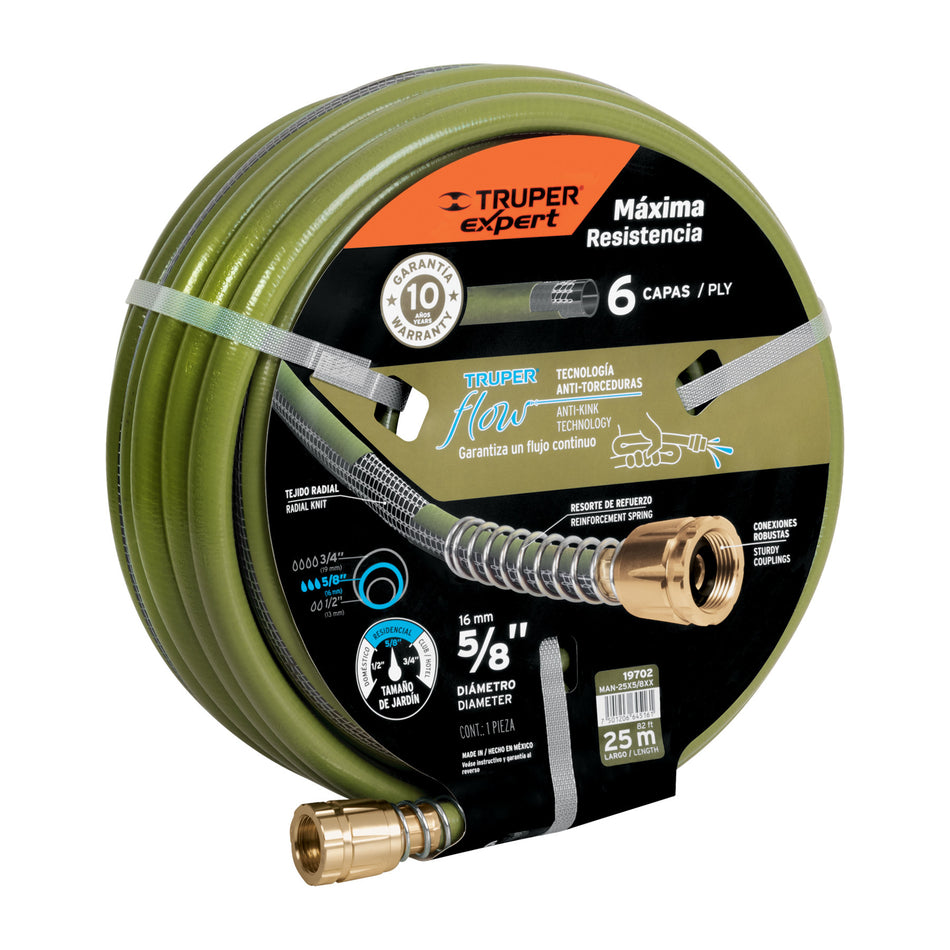 Manguera 5/8' anti-torceduras 6 capas 25m conexiones d/metal 5/8', 25m