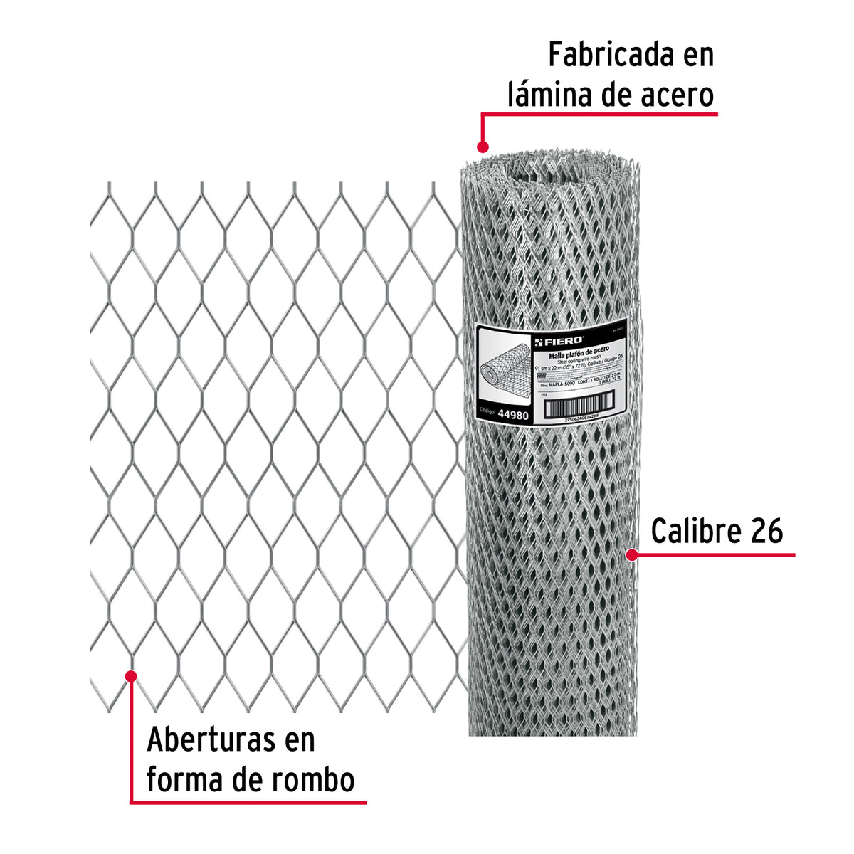 Rollo malla plafón 0.90 x 22m cal.26, abertura 10x25mm, 8kg