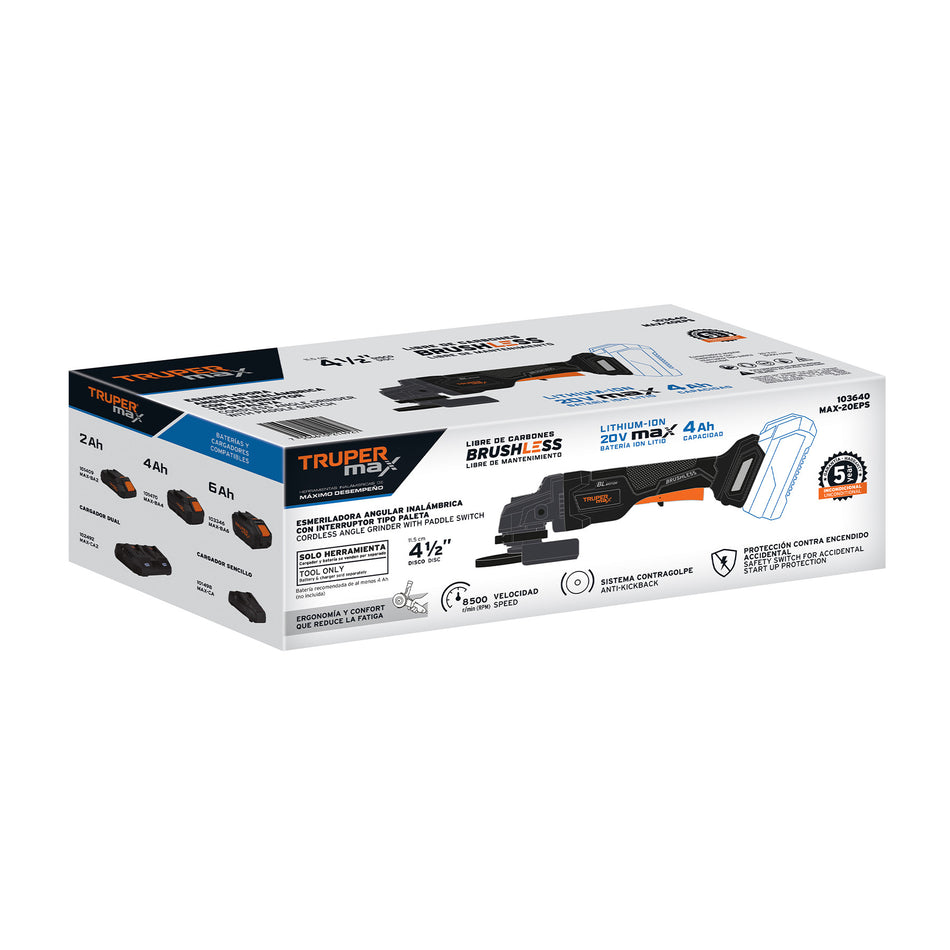 Esmeriladora 4-1/2' 20V, int. paleta, s/accesorios, MAX
