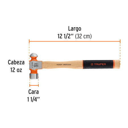 Martillo pulido de bola 12 oz mango hickory, Truper Grip 12 oz