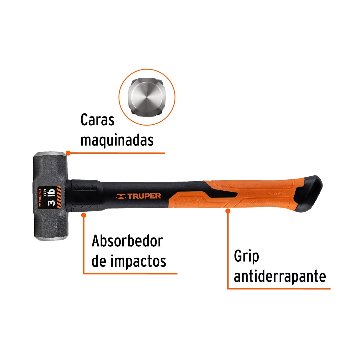 Marro octagonal 3 lb, mango de fibra de vidrio 14', Truper 3 lb, 14'