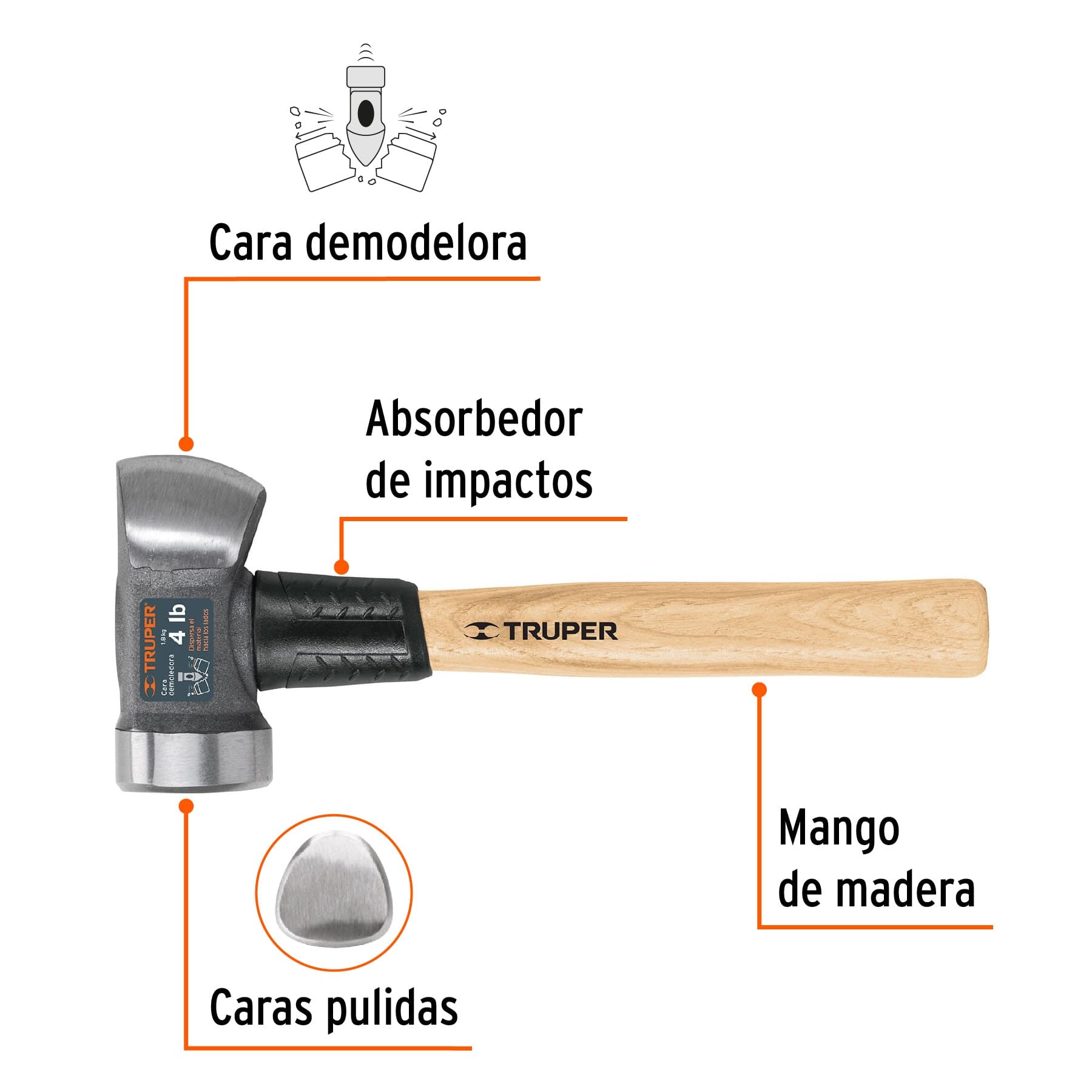 Marro demoledor 3 lb, mango 12', Truper 3 lb, 12'