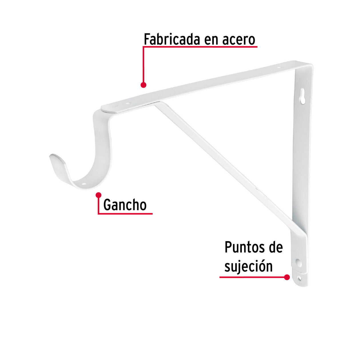 Ménsula reforzada blanca 11 x 12', con gancho, FIERO 11 x 12', blanca