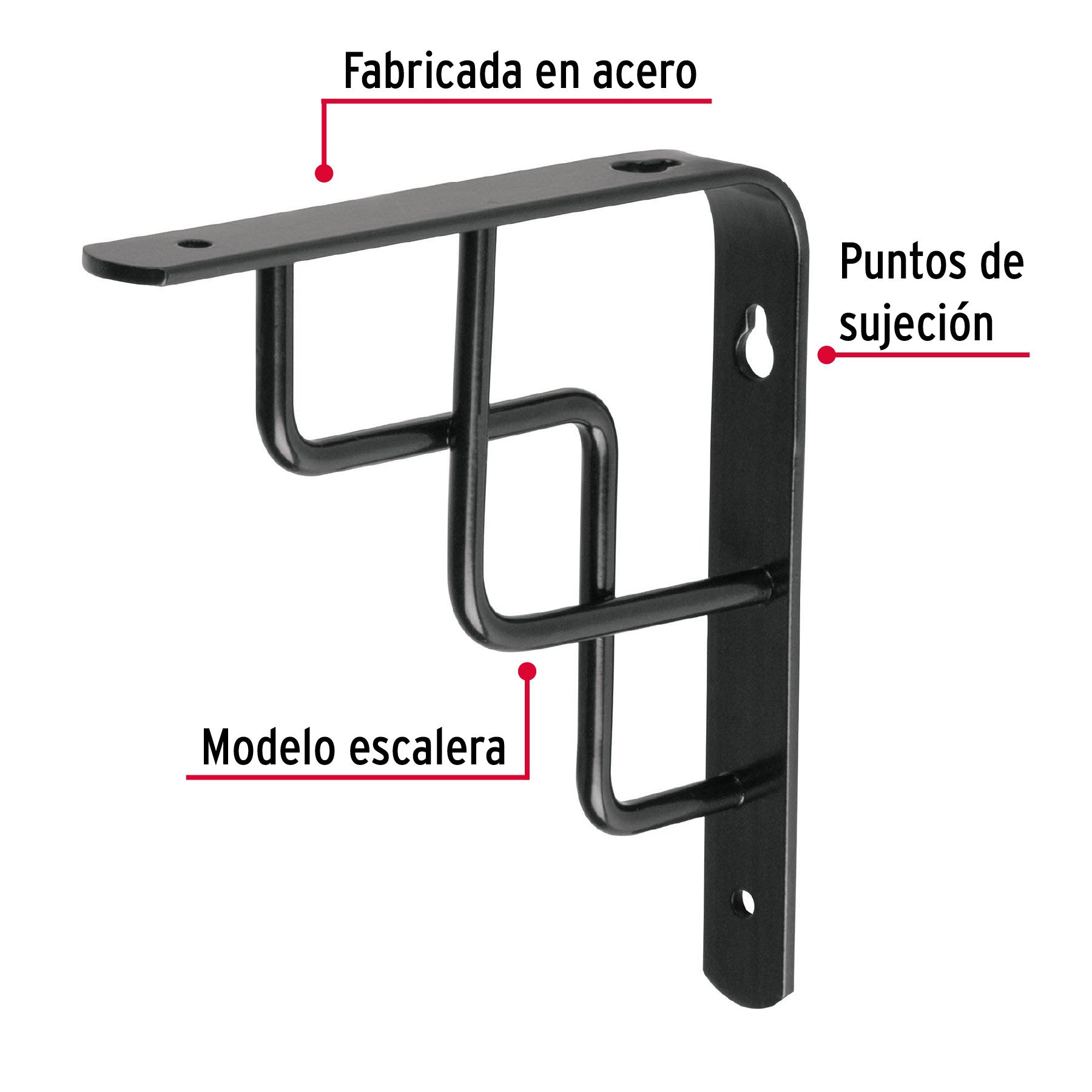 Ménsula reforzada negra 6 x 6', diseño escalera, FIERO 6 x 6', negra