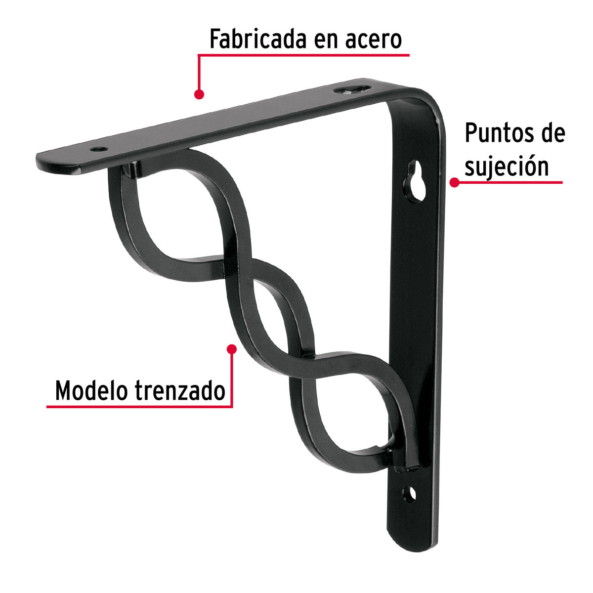 Ménsula reforzada negra 6 x 6', diseño trenza, FIERO 6 x 6', negra