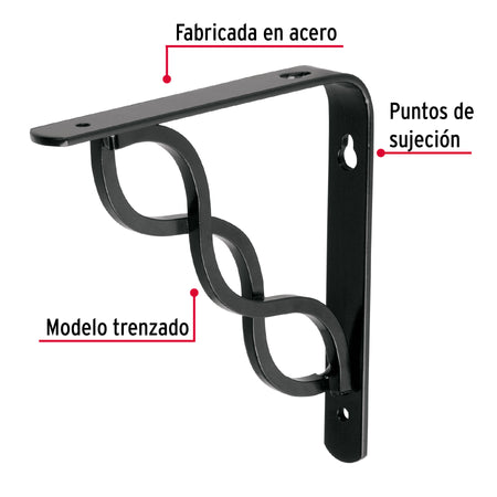 Ménsula reforzada negra 6 x 6', diseño trenza, FIERO 6 x 6', negra