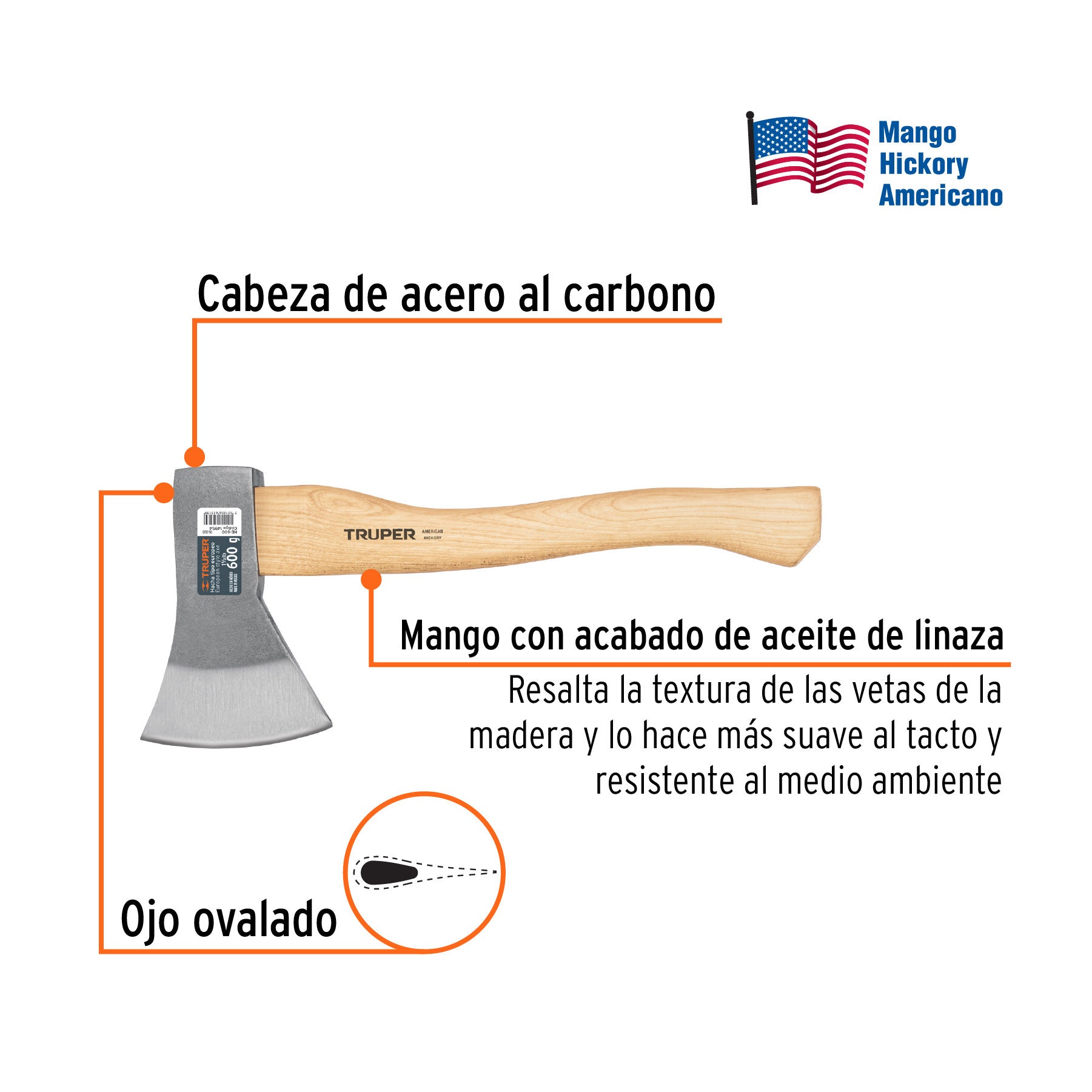 Mango hickory 14' para hacha Europea 600 g, Truper