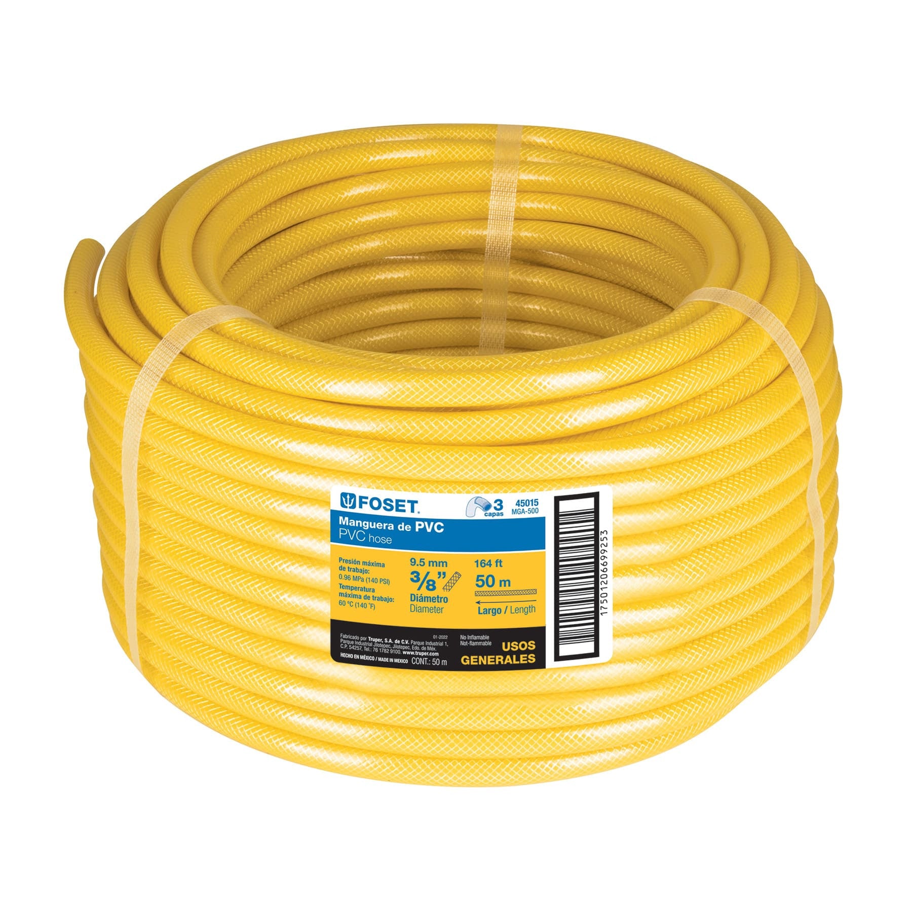 Manguera para gas, PVC amarilla, 3/8' s/conexión, 50 m,FOSET