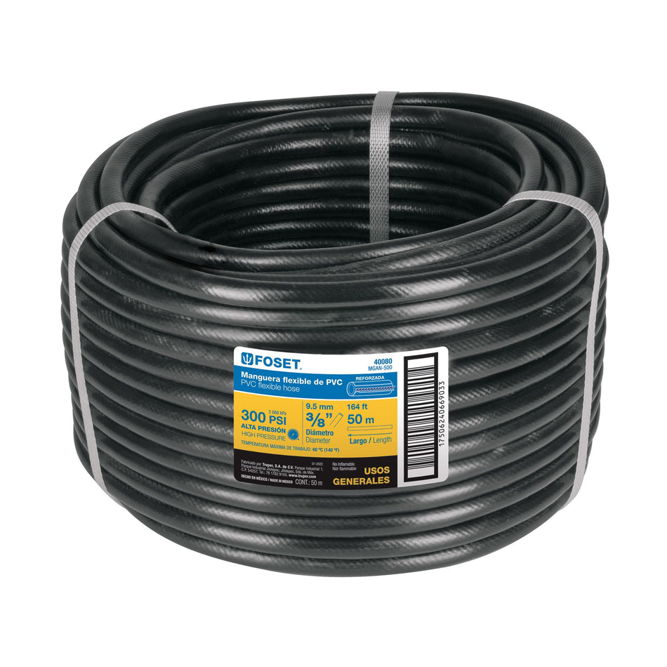 Manguera para gas, PVC negra, 3/8' sin conexión, 50 m, FOSET