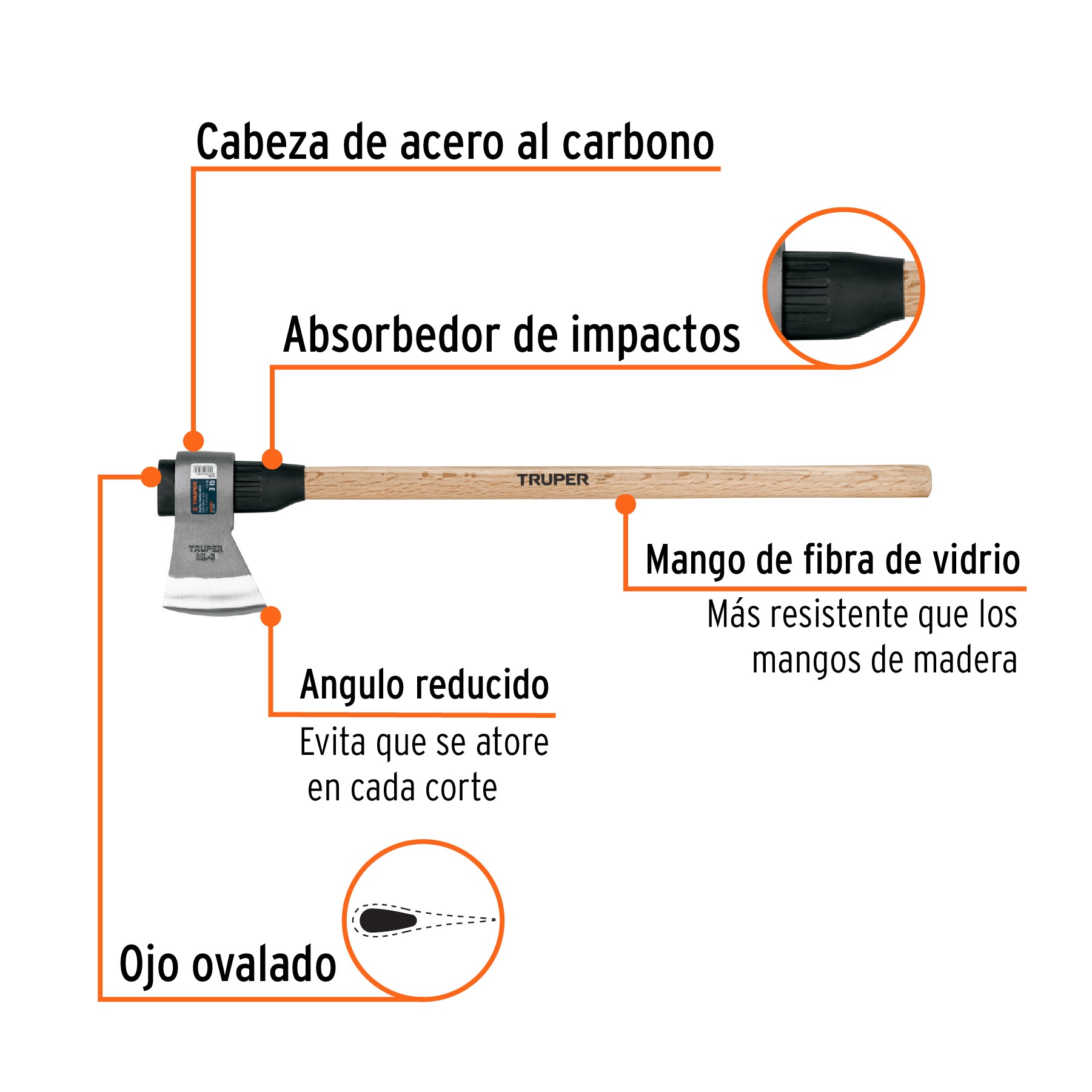 Hacha media labor 3 lb, mango de madera 36', TRUPER