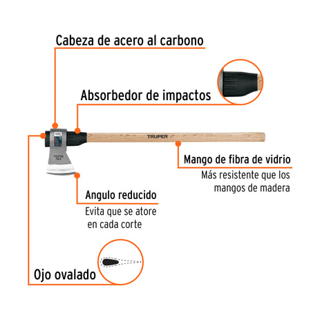 Hacha media labor 3 lb, mango de madera 36', TRUPER