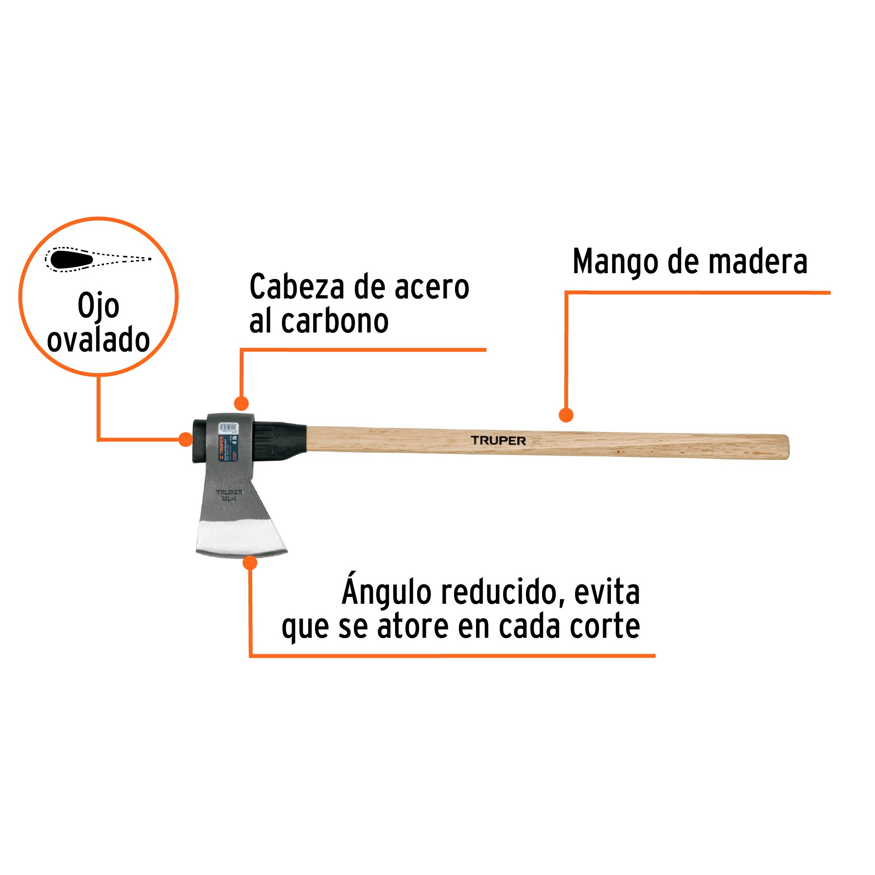 Hacha media labor 4 lb, mango de madera 36', TRUPER