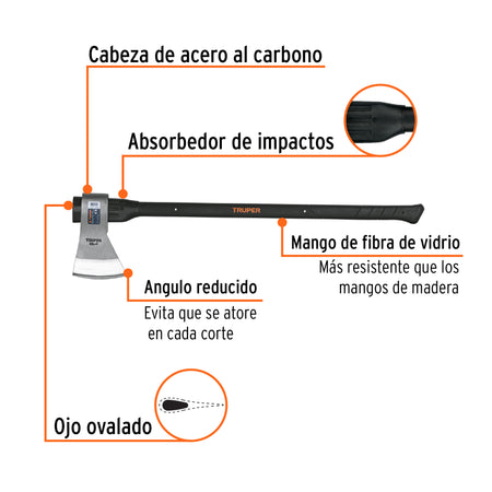 Hacha media labor 4 lb, mango de fibra de vidrio 36',TRUPER