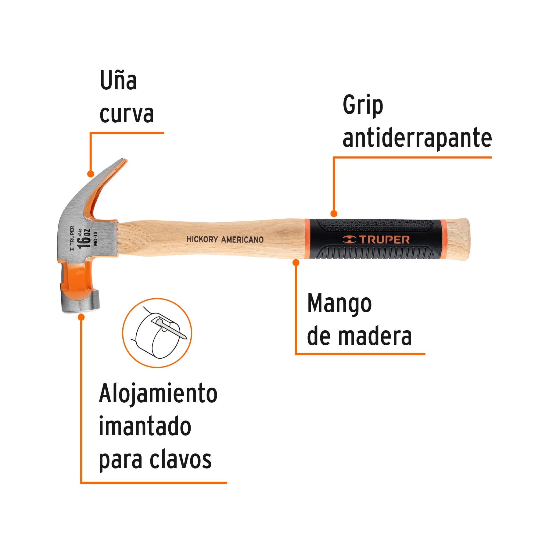 Martillo pulido 16 oz uña curva, mango hickory, Truper Grip 16 oz