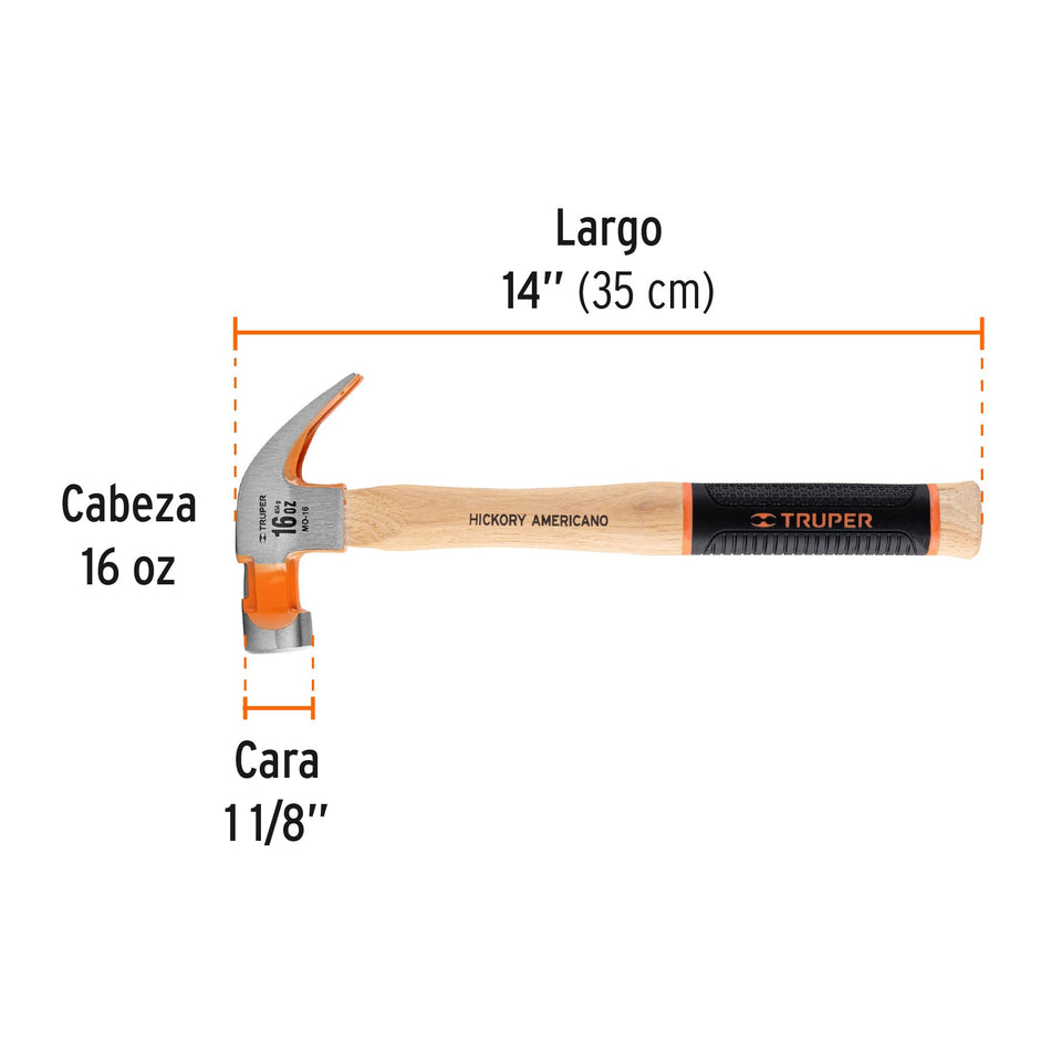 Martillo pulido 16 oz uña curva, mango hickory, Truper Grip 16 oz