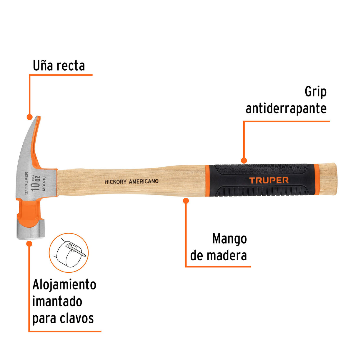 Martillo pulido 10 oz uña recta, mango hickory, Truper Grip 10 oz