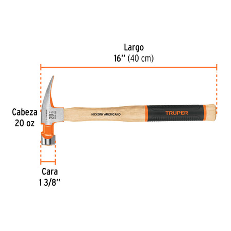 Martillo pulido 20 oz uña recta, boca fresada, Truper Grip 20 oz