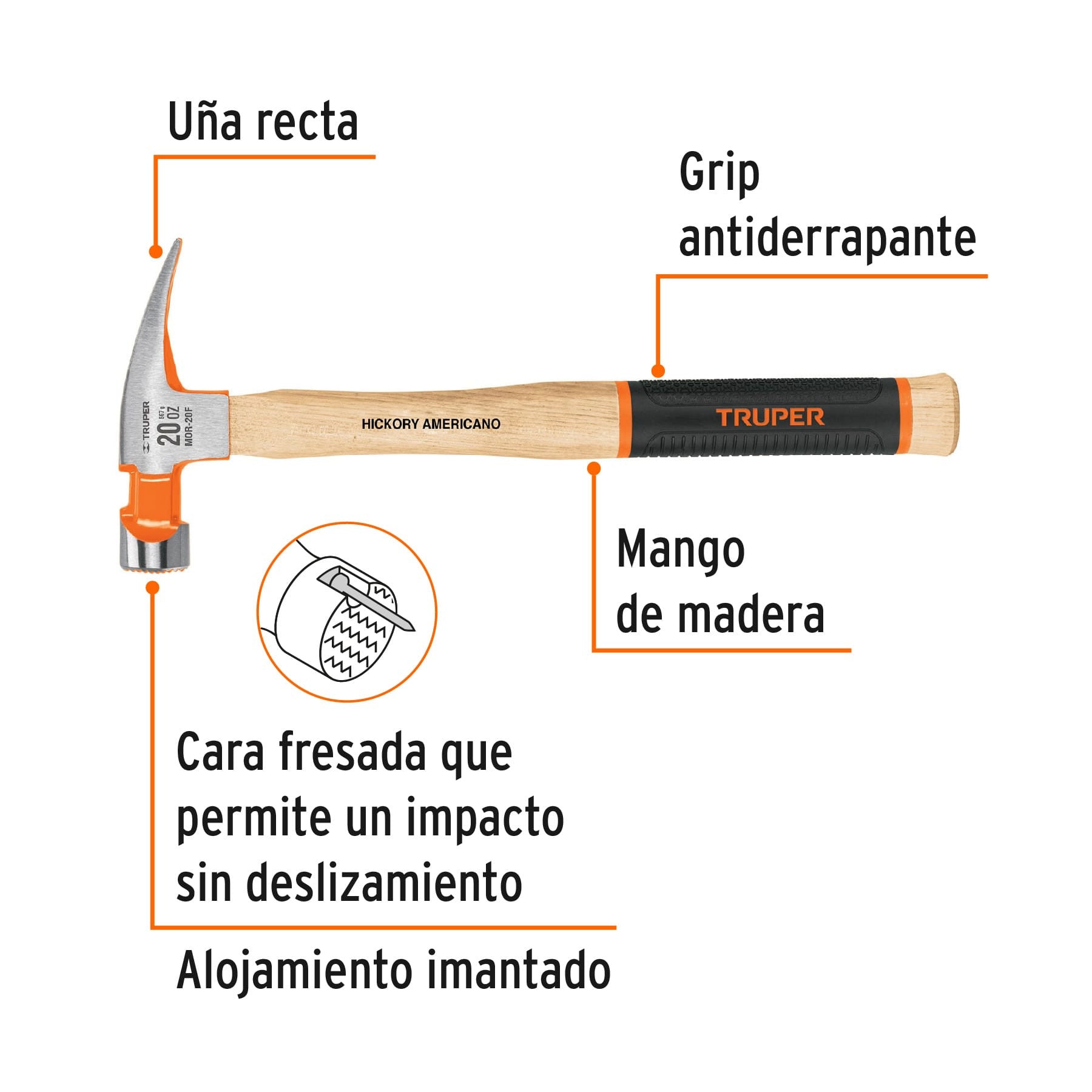 Martillo pulido 20 oz uña recta, boca fresada, Truper Grip 20 oz
