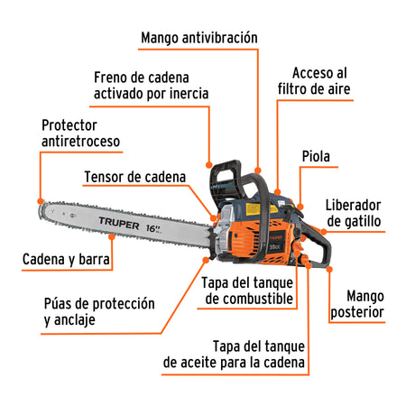 Motosierra 38 cc a gasolina con barra de Truper 18"