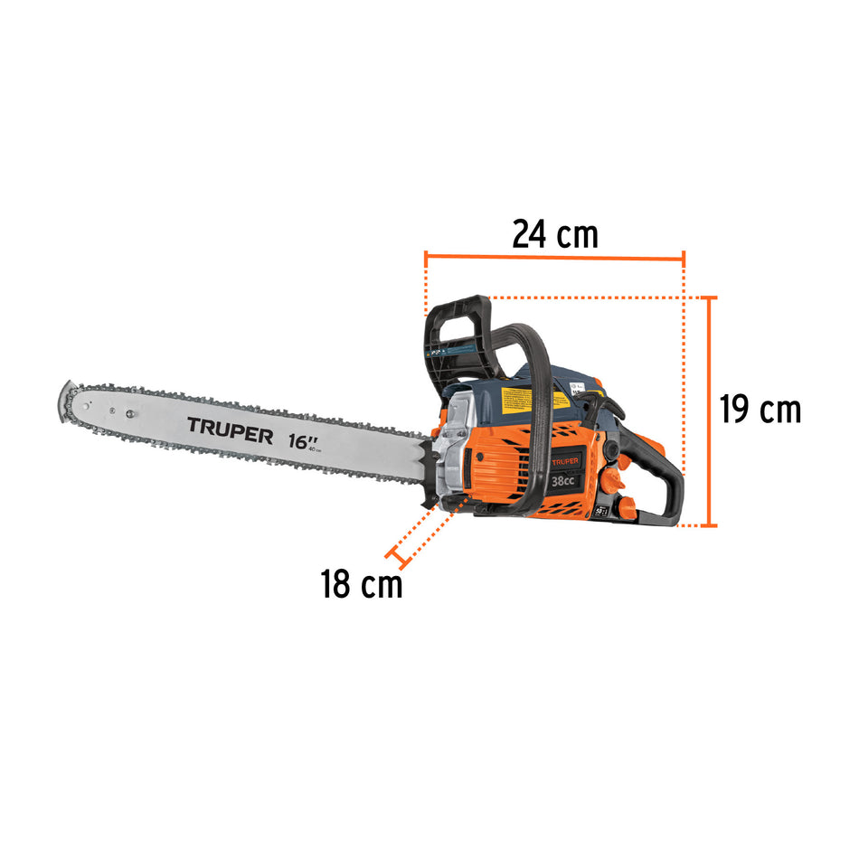 Motosierra 38 cc a gasolina con barra de Truper 18"