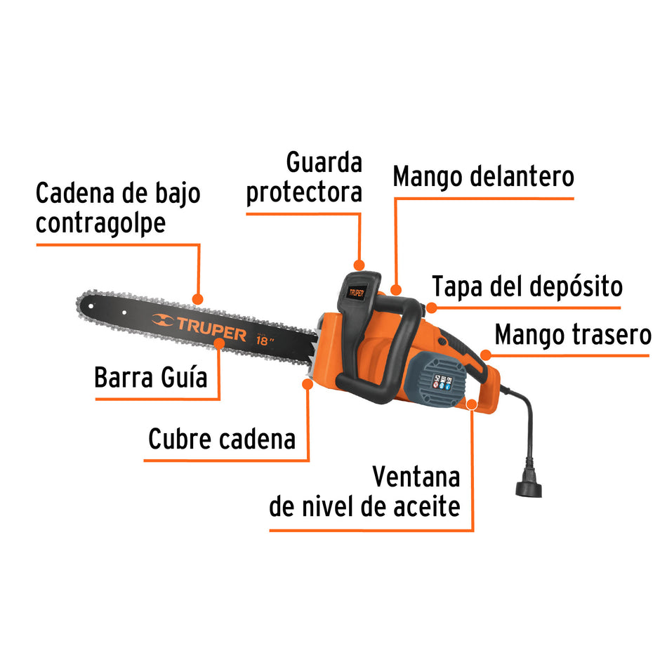 Motosierra electrica 1600 W con barra de 18" Truper