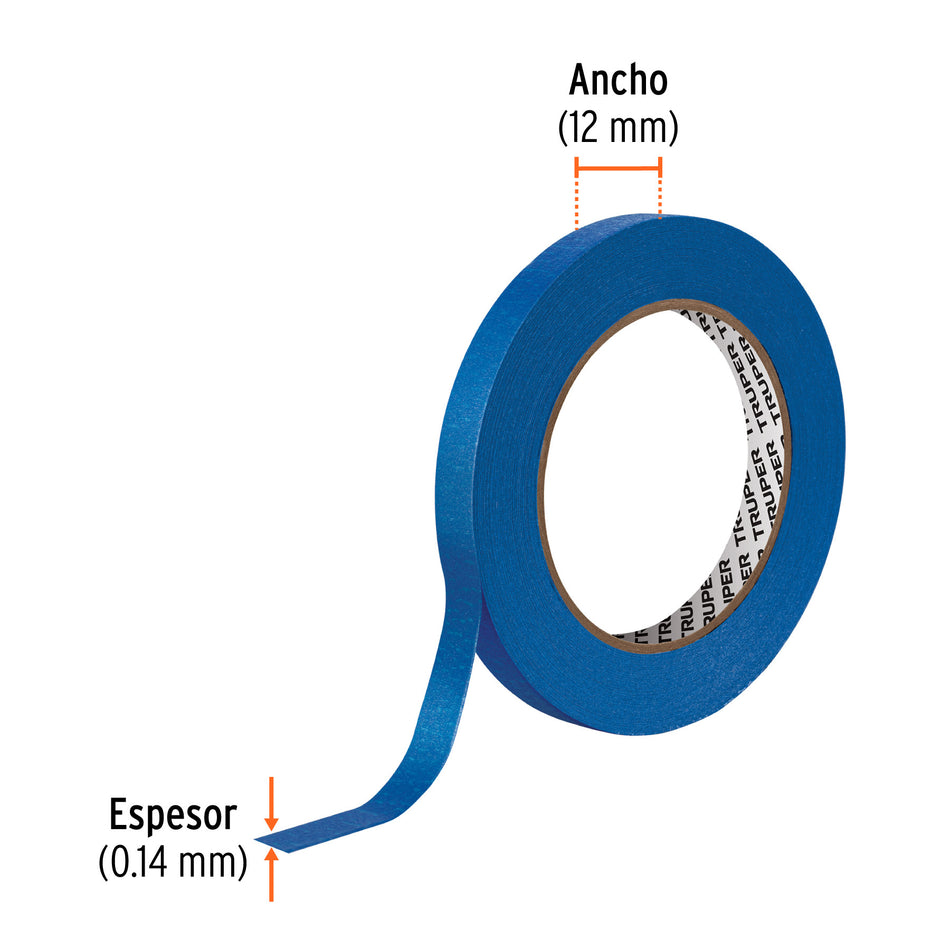 Cinta masking tape azul de 1/2' x 50 m para pintor, Truper 1/2', 50 m, azul