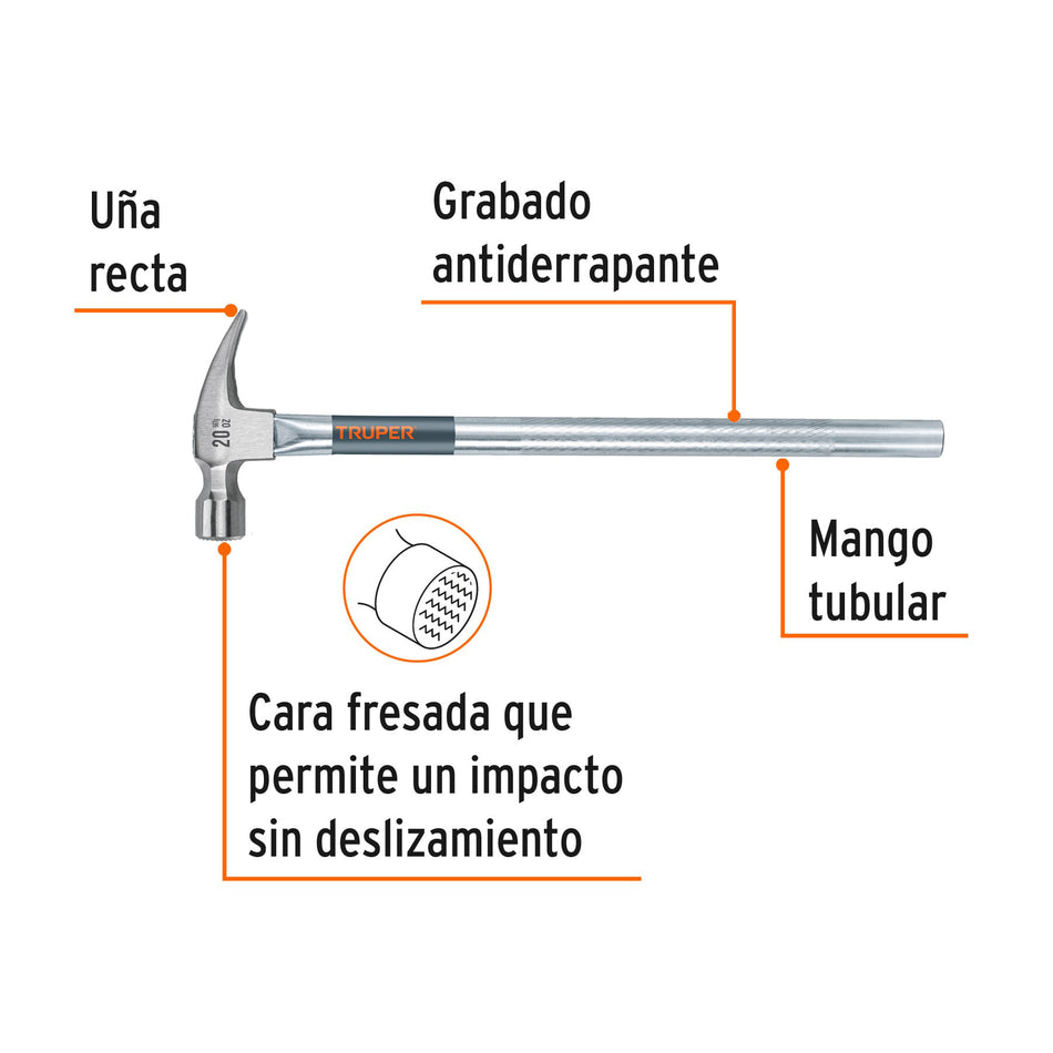 Martillo tubular pulido 20oz cara fresada, uña recta, Truper