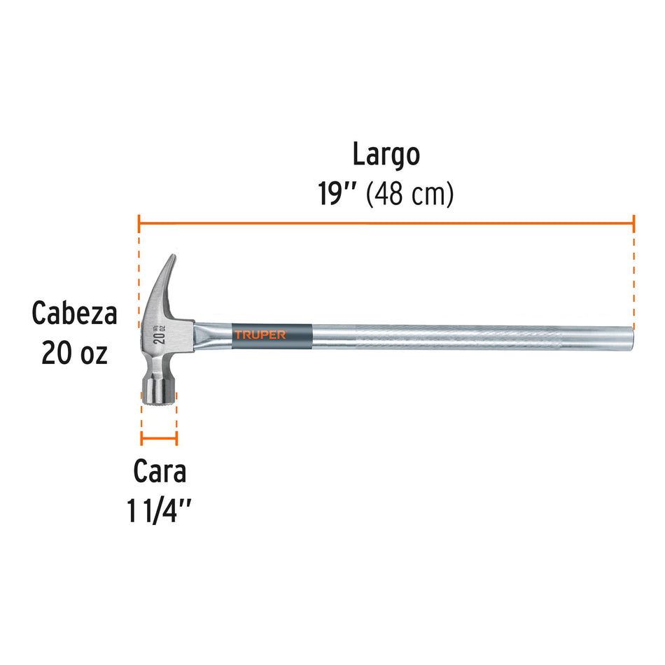 Martillo tubular pulido 20oz cara fresada, uña recta, Truper