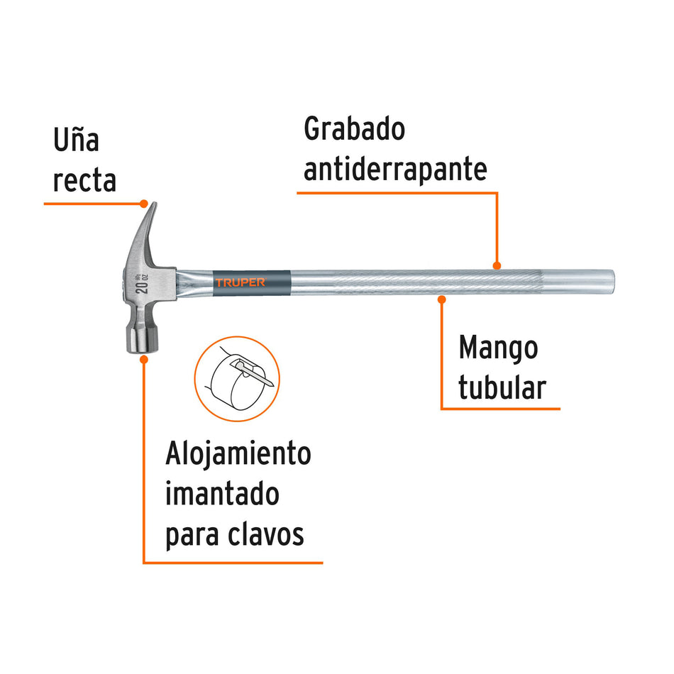 Martillo tubular pulido 20 oz alojamiento imantado uña recta