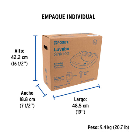 Lavabo de porcelana con rebosadero, marfil, FOSET