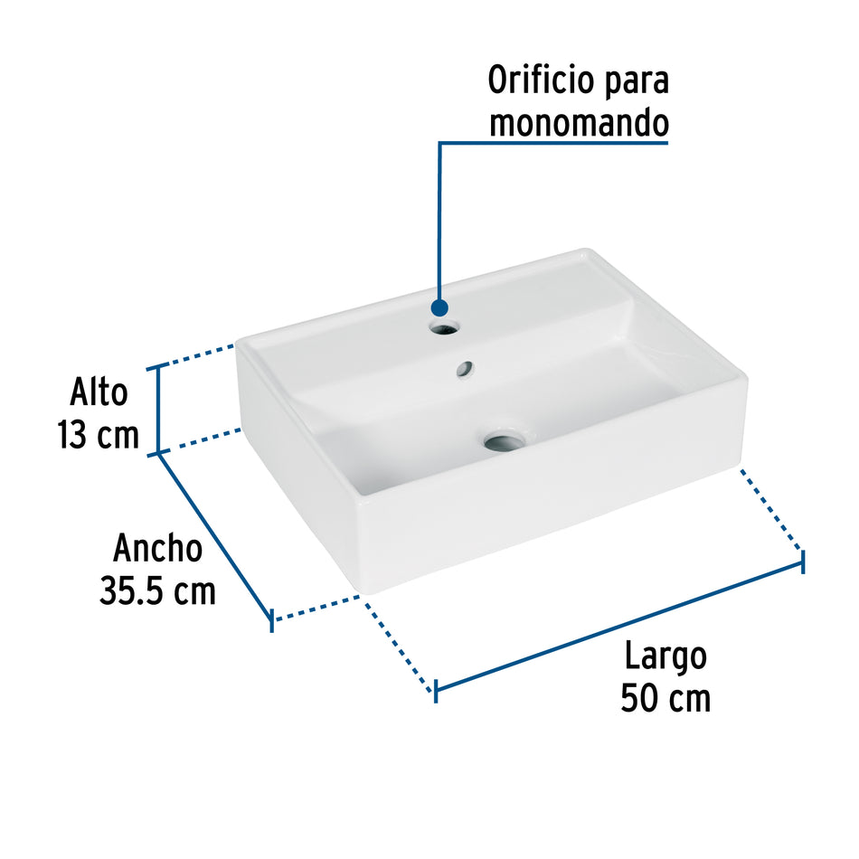 Lavabo de porcelana de sobreponer rectangular, blanco, FOSET
