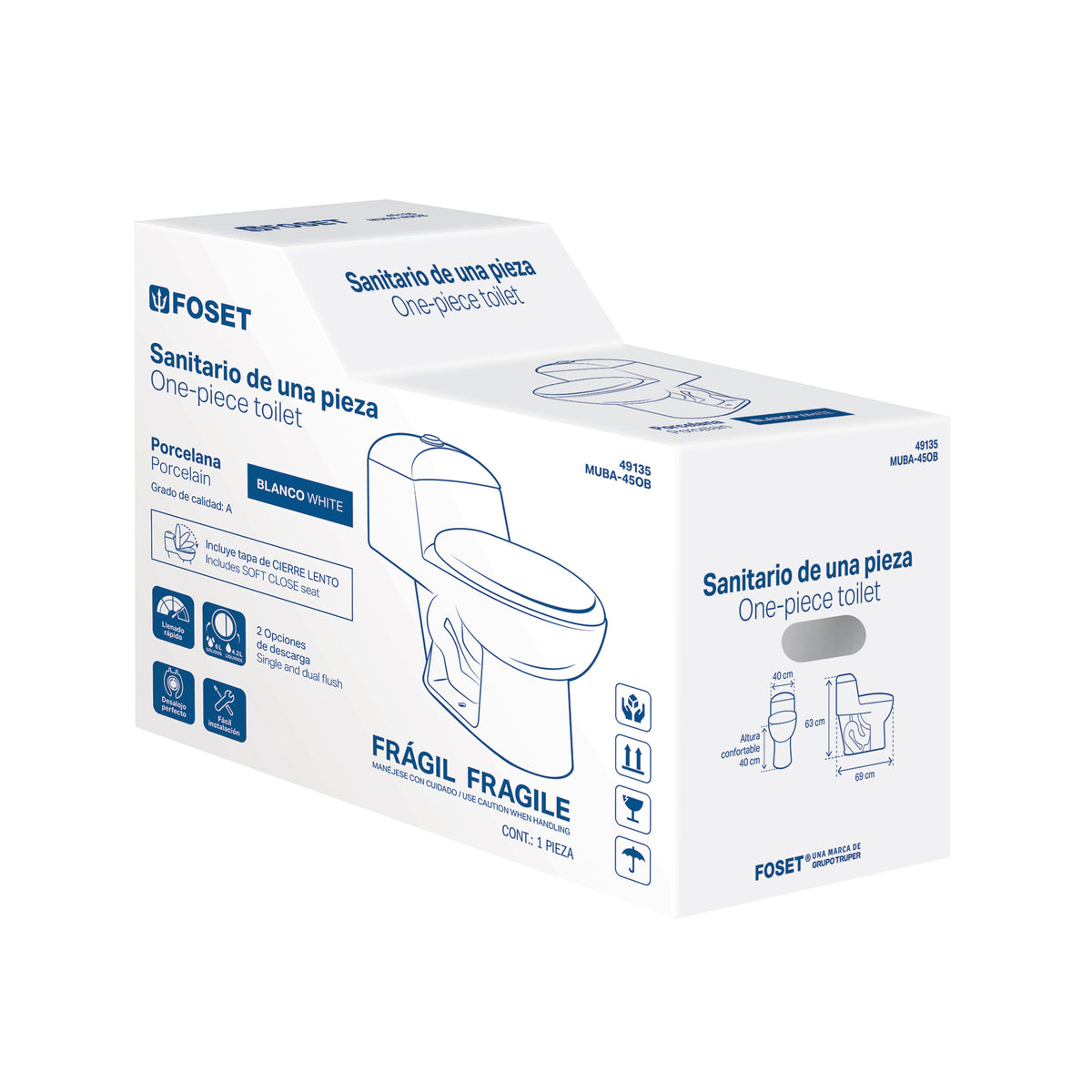 Sanitario one piece alargado de porcelana, blanco, FOSET