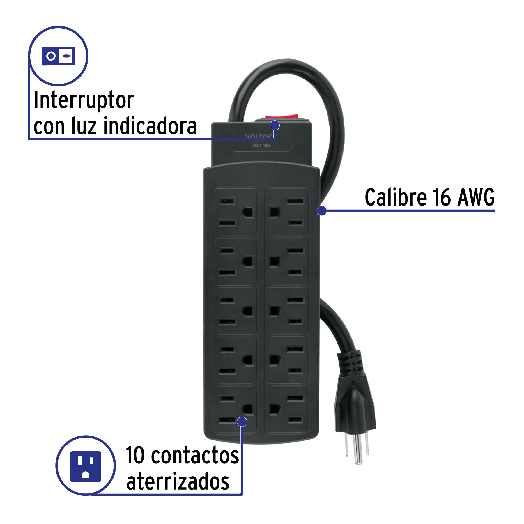 Multicontacto de uso rudo con 10 entradas, negro, VOLTECK