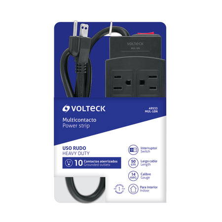 Multicontacto de uso rudo con 10 entradas, negro, VOLTECK