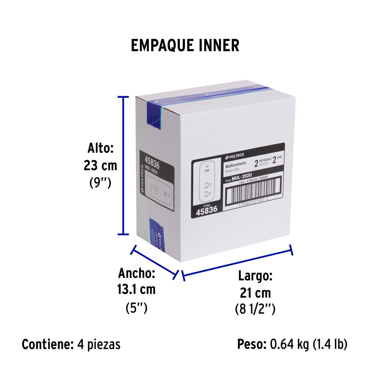 Multicontacto de pared, 2 contactos y 2 USB A+C, VOLTECK