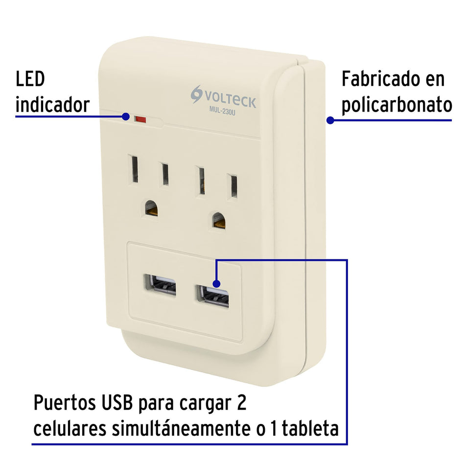 Multicontacto, 2 entradas y 2 entradas USB, 2 polos + tierra
