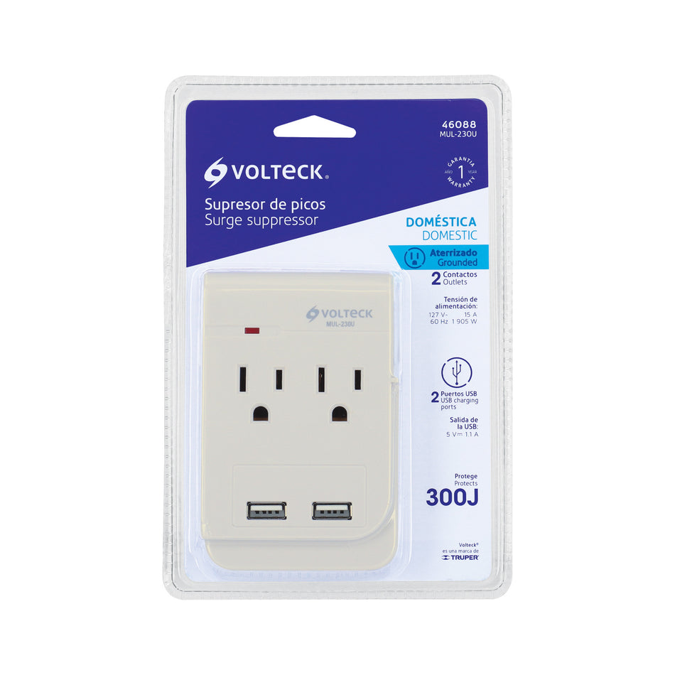 Multicontacto, 2 entradas y 2 entradas USB, 2 polos + tierra