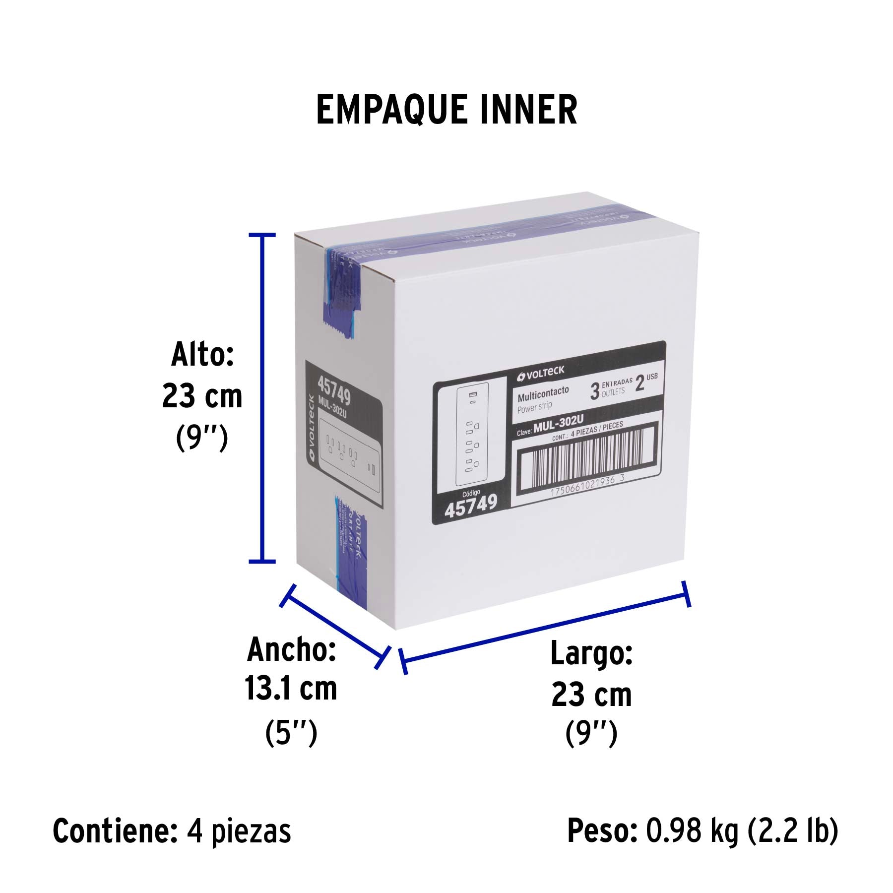 Multicontacto de pared, 3 contactos y 2 USB A+C, VOLTECK