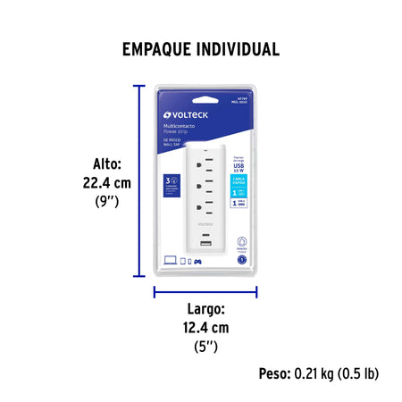 Multicontacto de pared, 3 contactos y 2 USB A+C, VOLTECK