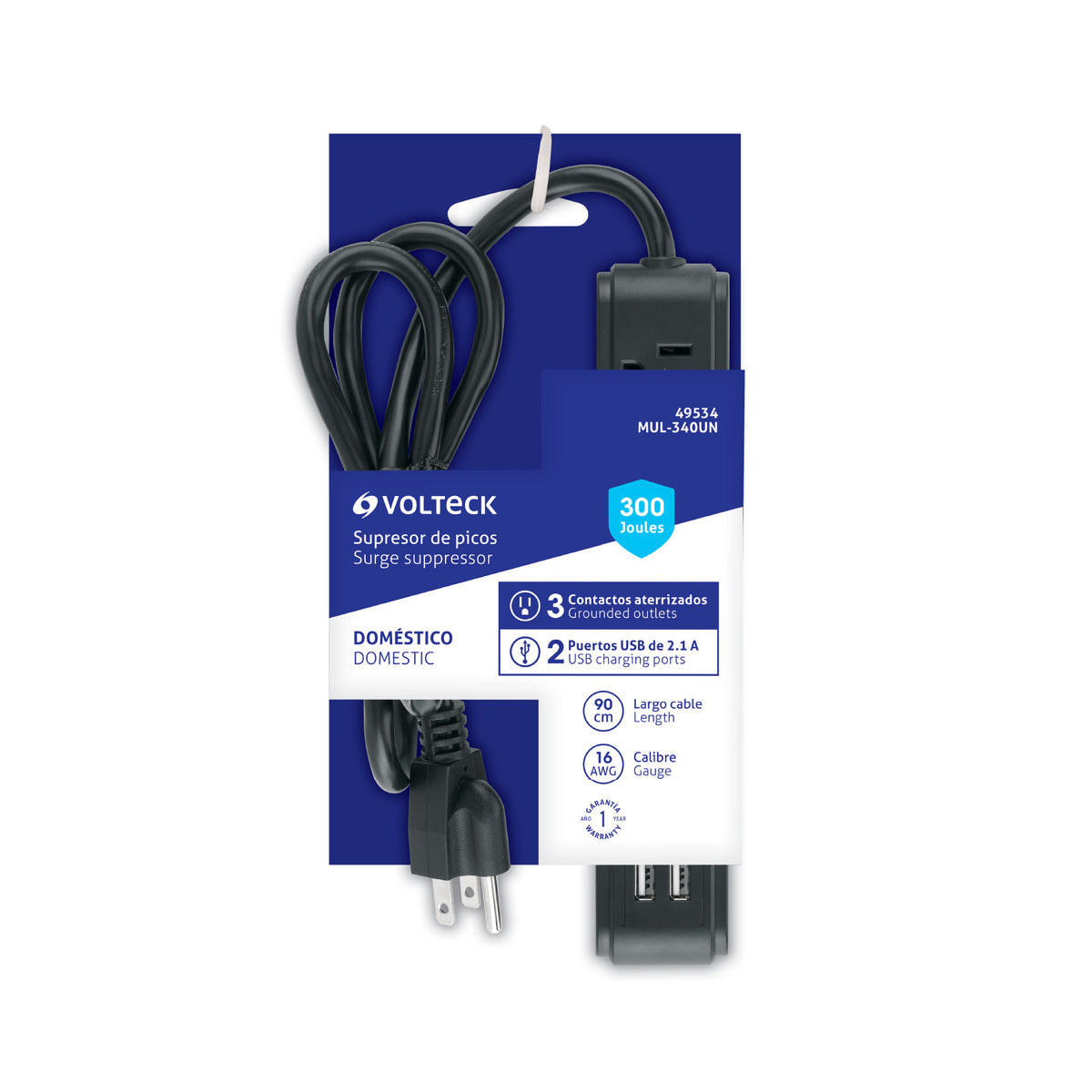 Multicontacto 3 entradas 2 ptos USB sup de picos 300 J negro