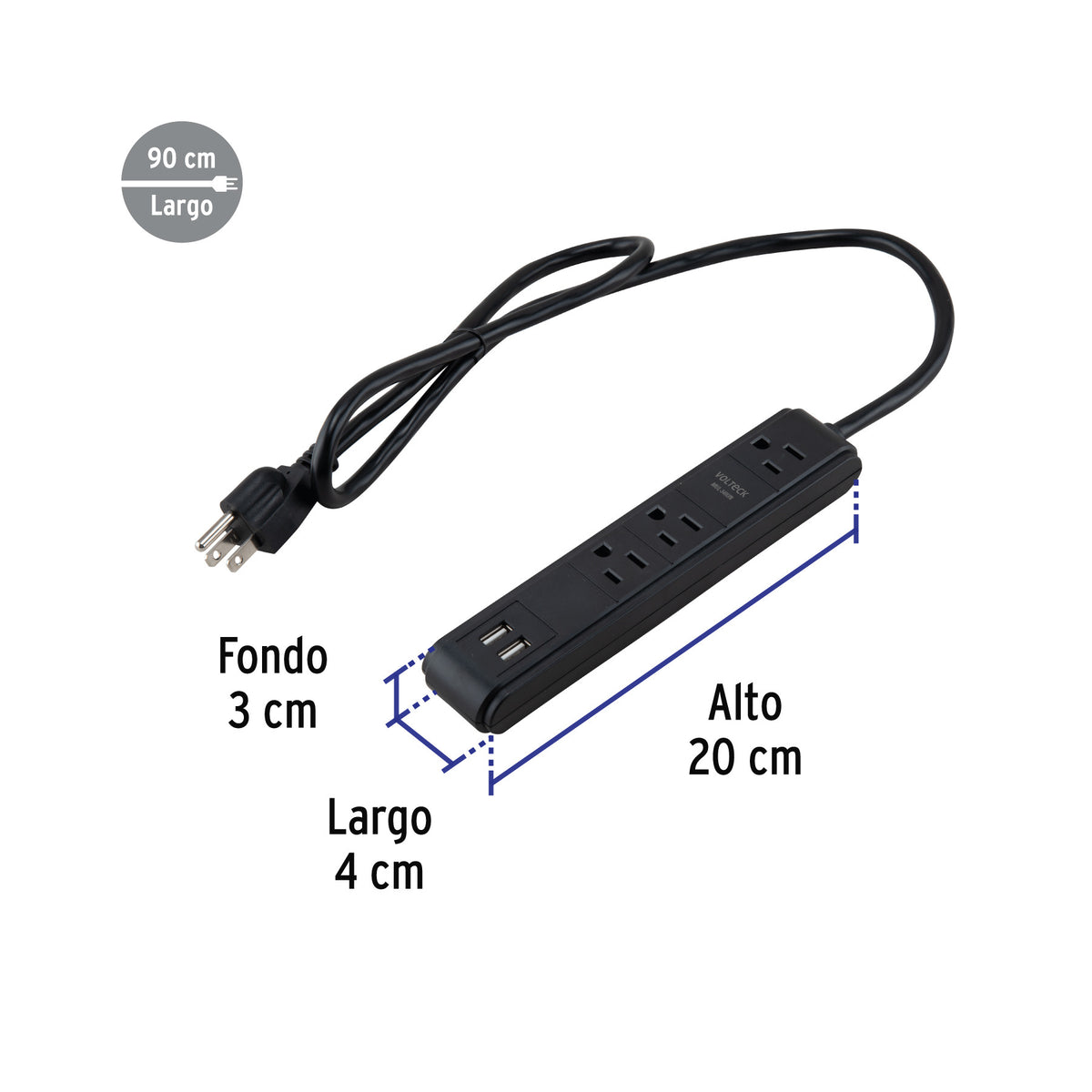 Multicontacto 3 entradas 2 ptos USB sup de picos 300 J negro