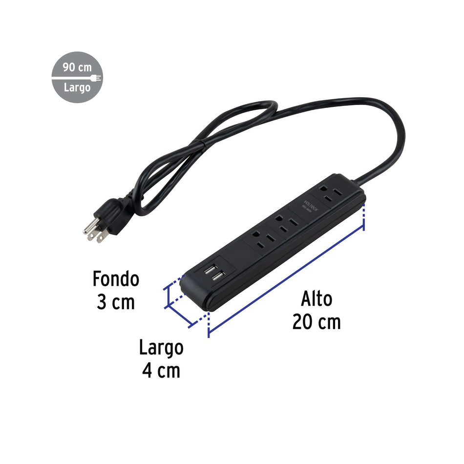 Multicontacto 3 entradas 2 ptos USB sup de picos 300 J negro