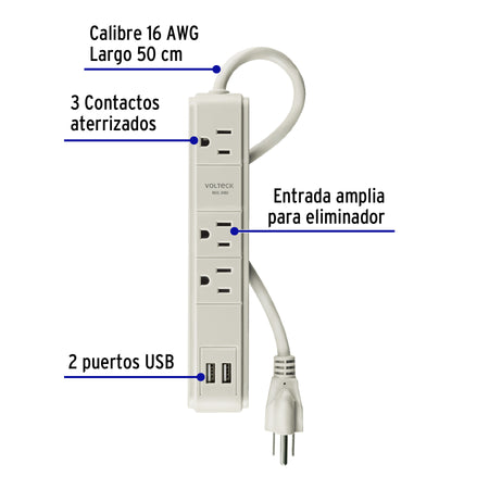 Multicontacto 16 AWG 3 entradas 2 puertos USB supresor 300 J