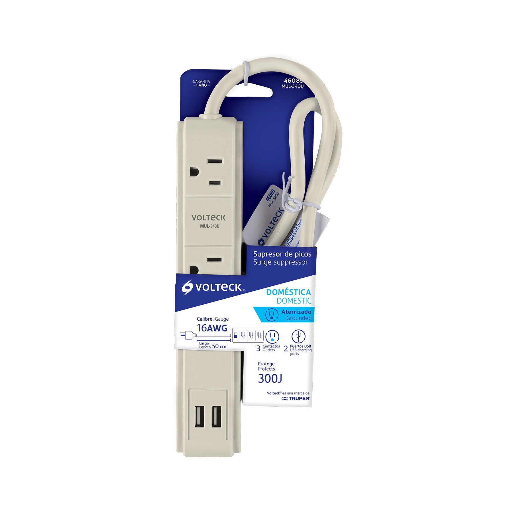 Multicontacto 16 AWG 3 entradas 2 puertos USB supresor 300 J