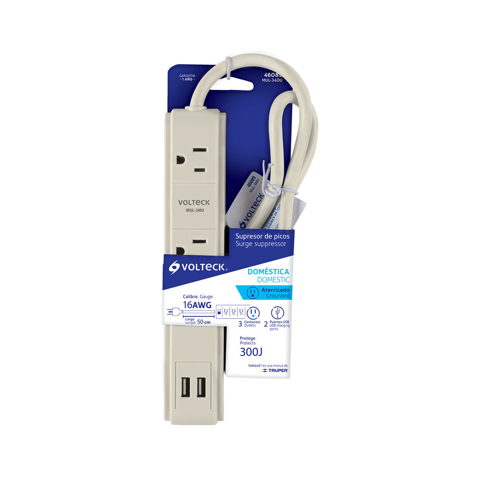 Multicontacto 16 AWG 3 entradas 2 puertos USB supresor 300 J