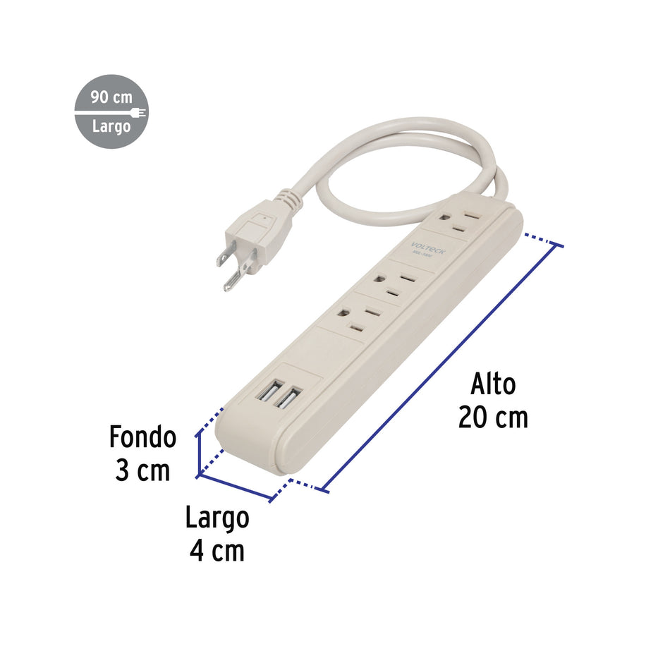 Multicontacto 16 AWG 3 entradas 2 puertos USB supresor 300 J