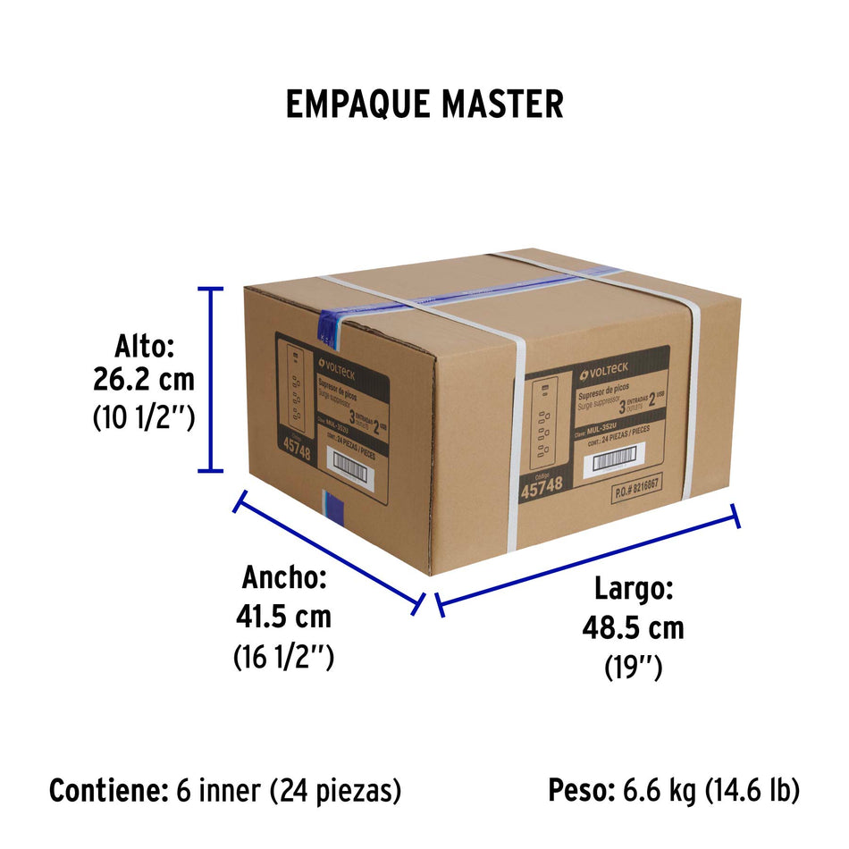 Multicontacto de pared, 490 Joules, 3 contactos y 2 USB A+C