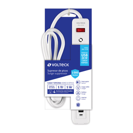 Multicontacto 4 entradas, 1 USB A + 1 USB C, blanco, VOLTECK blanco