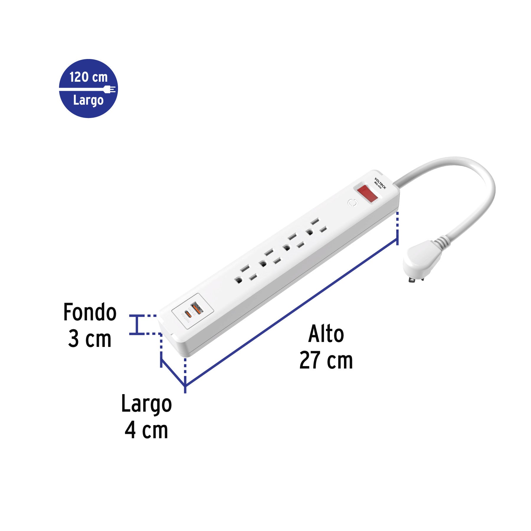 Multicontacto 4 entradas, 1 USB A + 1 USB C, blanco, VOLTECK blanco